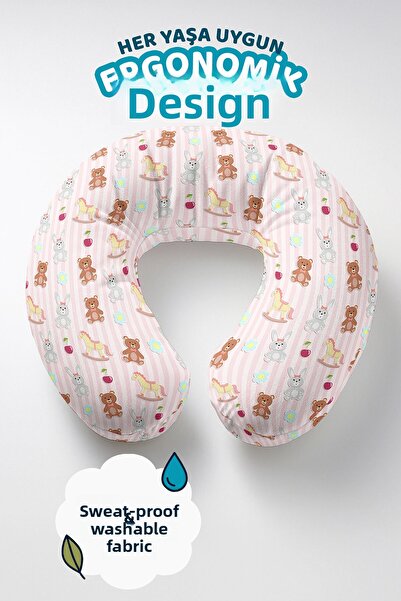 Evimde Bambaşka Cute Animal Patterned Cotton Neck Pillow - Pastel Pink Stripe...