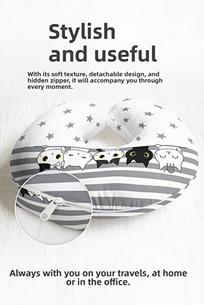 Evimde Bambaşka Cute Cat Pattern Cotton Neck Pillow - Striped Star Gray White...