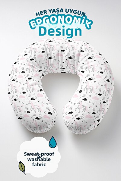 Evimde Bambaşka Unicorn Patterned Cotton Neck Pillow - Cute Pastel Pink Black...