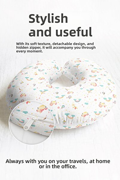 Evimde Bambaşka Cute Unicorn and Rainbow Themed Cotton Neck Pillow - Colorful...