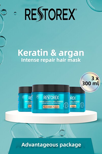 Restorex Keratin & Argan Repair vlasová maska 3x300 ml - poškozené a poškozené vlasy s botoxovým efektem