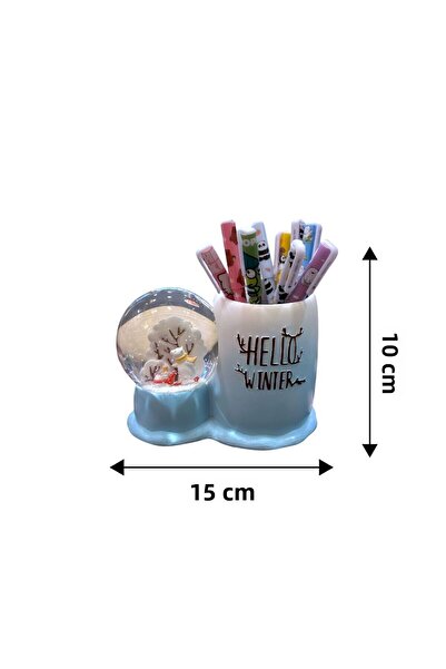 BABUN Two-In-One Decorative Blue Hello Winter Written Desk Top Pen Holder Pencil Case with Lighted Snow Globe