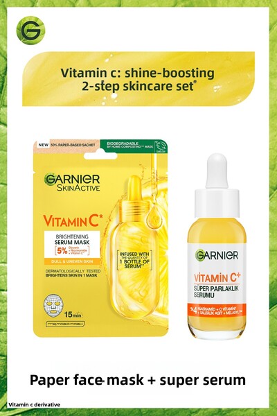 Garnier مجموعة فيتامين سي برايت للعناية المكونة من قطعتين قناع ورقي للوجه + س...