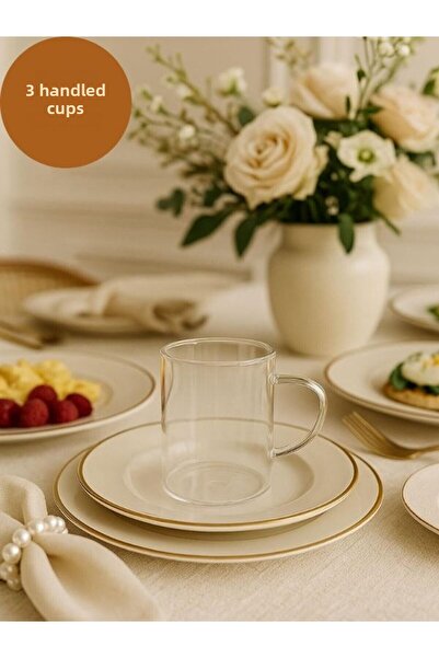 isra kristal طقم أكواب زجاجية بمقبض عادي مكون من 3 قطع - طقم أكواب شفافة للشا...