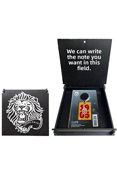 Galatasaray Licensed Yellow-Red Logo Double-Sided Keychain with Lion Wooden Box