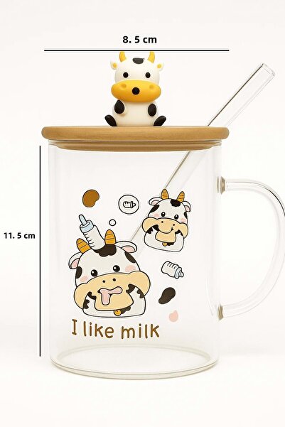 Jenisa Cow Figured Glass Mug – Soft Drink Glass with Bamboo Lid and Glass Straw - I Like Milk