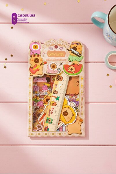 caps anlarınızı paylaştığınız ortağınız Set de papetărie Capybara drăguț - Set de autocolante transparente + riglă de 15 cm + breloc transparent + cartela de culori