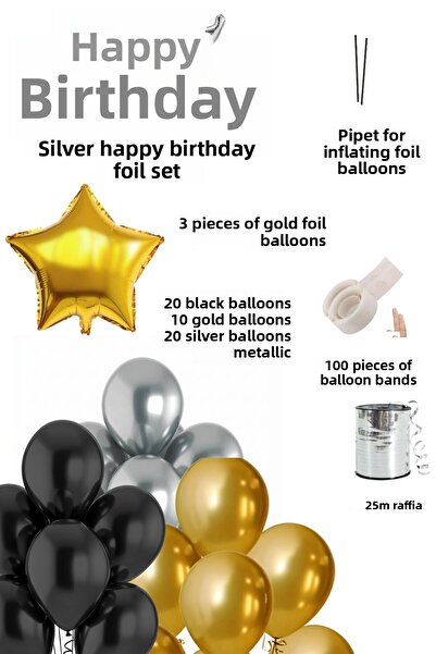 Baloncu Nene Silver Happy Birthday Foil Balloon Set Gold Black Silver Birthday Party Decorations