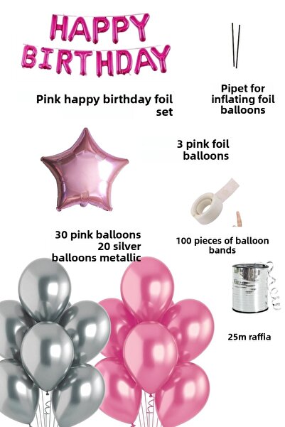 Baloncu Nene Ροζ Σετ μπαλόνια με αλουμινόχαρτο Happy Birthday Ροζ ασημί στολίδια για πάρτι γενεθλίων