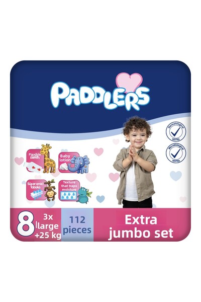 Paddlers حفاضات أطفال مقاس 8 XXX-كبير 112 قطعة (25+كجم) مجموعة إضافية كبيرة جدًا