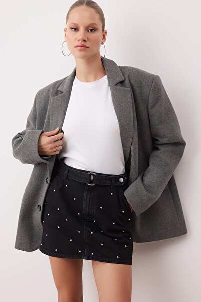 Trendyol Collection Чорна спідниця з джинсової тканини з аксесуарами TWOAW26ET00075