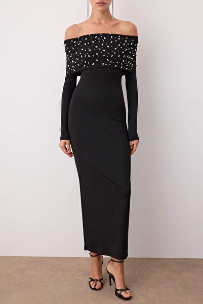 Trendyol Collection Black Knitted Stone Print Detailed Maxi Unlined Dress Tpraw26El00127