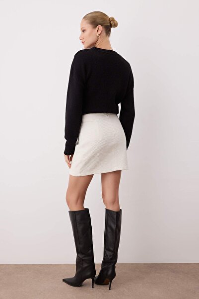 Trendyol Collection Екрю з ґудзиками Твітове ткане міні-спідниця TWOAW26ET00098