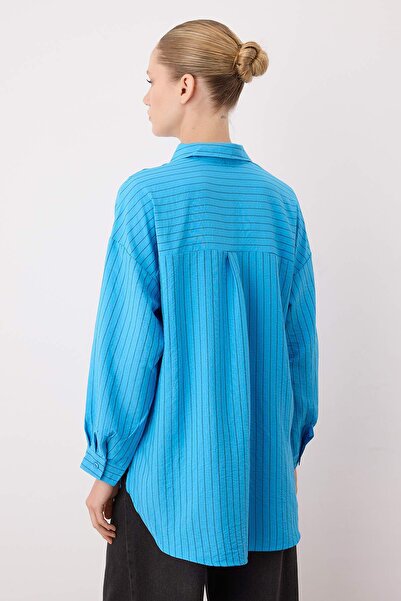 Trendyol Collection Light Blue Striped Pocket Detail Oversize Woven Shirt Twoaw26Go00073