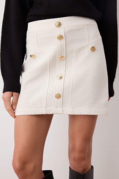 Trendyol Collection Екрю з ґудзиками Твітове ткане міні-спідниця TWOAW26ET00098