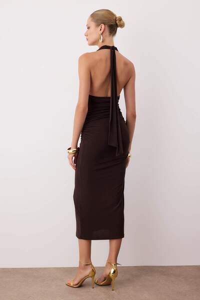 Trendyol Collection Brown Midi Cocktail Dress with Accessory Detail Tpraw26El00076