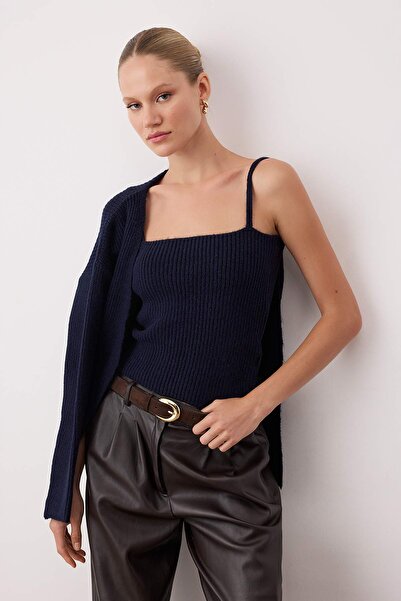 Trendyol Collection Navy Blue Soft Texture 2-Piece Knitwear Blouse-Cardigan Set Twoaw26Hi00220