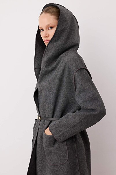 Trendyol Collection Gray Hooded Belted Unlined Soft Textured Oversize Long Cashmere Coat Twoaw26Kb00054