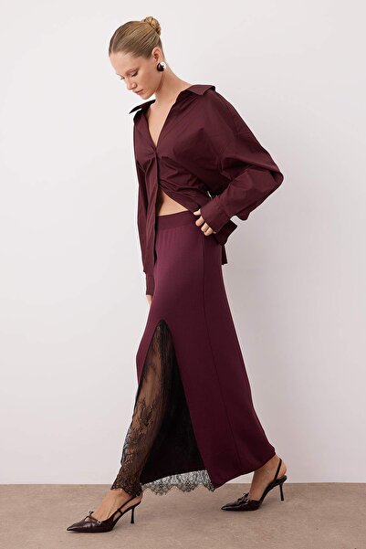 Trendyol Collection Fusta maxi din tricot cu dantelă burgundă cu detaliu de fante TWOAW26ET00117