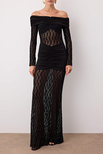 Trendyol Collection Μαύρο φόρεμα με δαντέλα σε σχήμα ψαριού Carmen για βραδινό φόρεμα αποφοίτησης TPRAW26AE00016