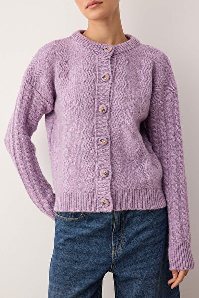 Trendyol Collection Lilac Soft Texture Button Detail Wide Fit Knitwear Cardigan Twoaw26Hi00153
