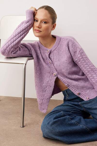 Trendyol Collection Lilac Soft Texture Button Detail Wide Fit Knitwear Cardigan Twoaw26Hi00153