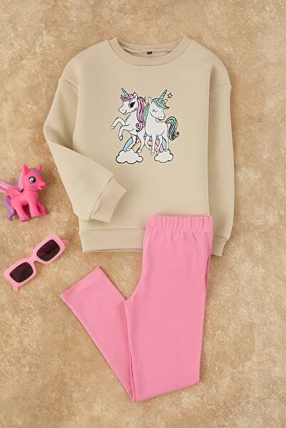 TRENDYOLKIDS Pink Thick/Fleece Inside Printed Girl's Knitted Bottom - Top Set Tkdaw26Au00067