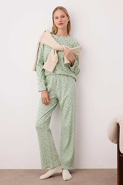 Trendyol Collection Mint Soft Touch Cotton Floral Ribbed Knitted Pajama Set Thmaw25Pt00194