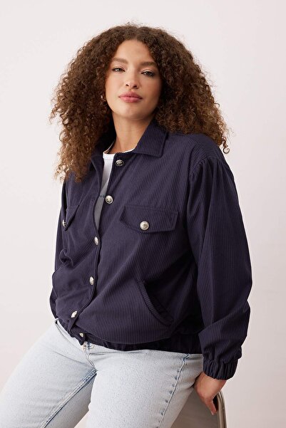 Trendyol Curve Μπουφάν χειμερινού μεγάλου μεγέθους Navy Blue Corduroy TBBAW26AG00015