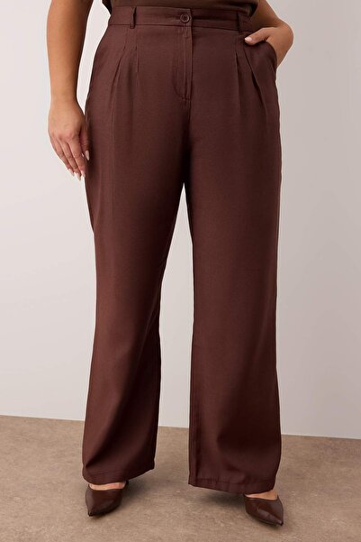 Trendyol Curve Καφέ διπλό πλισέ ψηλόμεσο παντελόνι με φαρδύ πόδι καλοκαιρινό υφαντό παντελόνι TBBSS25AR00021