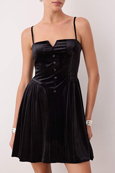 Trendyol Collection Black Solid Button Knitted Velvet Mini Unlined Dress Tpraw26El00028