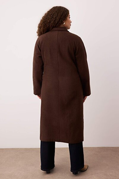 Trendyol Curve Brown Mono Closure Long Oversize Large Size Cashmere Coat Twoaw26Dd00012