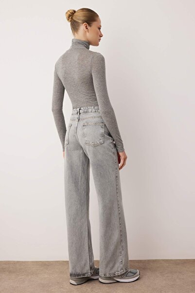 Trendyol Collection Šedé džíny s vysokým pasem a širokými nohavicemi TWOSS25JE00172
