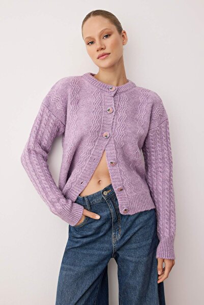 Trendyol Collection Lilac Soft Texture Button Detail Wide Fit Knitwear Cardigan Twoaw26Hi00153