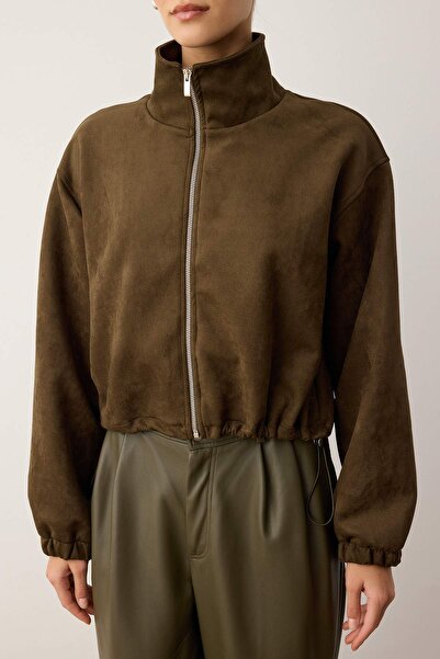 Trendyol Collection Khaki Straight Zipper Unlined Regular/Normal Fit Knitted Suede Jacket Twoaw26Ce00011