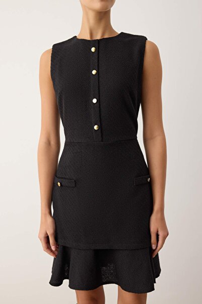 Trendyol Collection Black Buttoned Short / Mini Tweed Woven Dress Twoaw26El00068