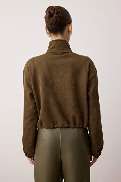 Trendyol Collection Khaki Straight Zipper Unlined Regular/Normal Fit Knitted Suede Jacket Twoaw26Ce00011