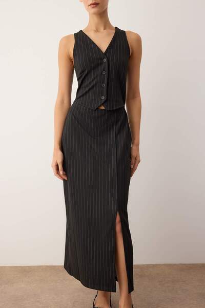 Trendyol Collection Black Striped Button Detail V-Neck Stretchy Bodycon Midi Knitted Dress Twoaw26El00288