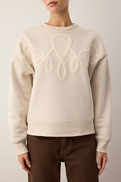 Trendyol Collection Камък измита бродирана прекалено голяма/широка плътна флисова подплатена плетена суитшърт TWOAW26SW00098