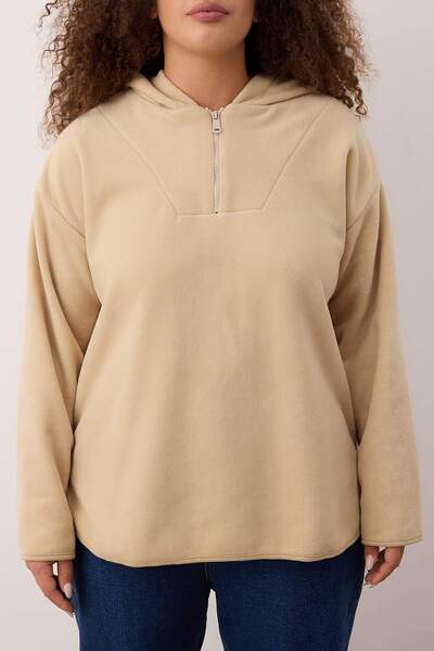 Trendyol Curve Μπεζ με κουκούλα χοντρό πλεκτό φλις φούτερ μεγάλου μεγέθους TBBAW23AO00064