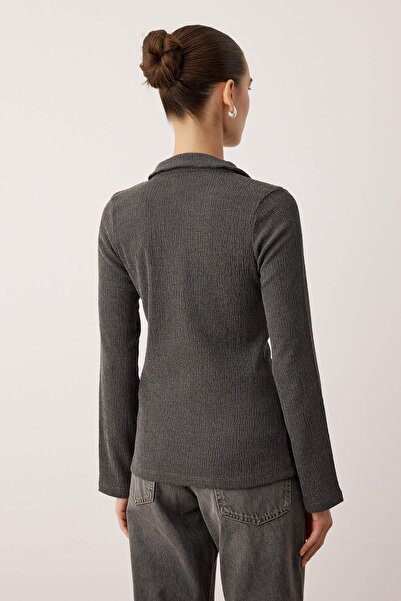 Trendyol Collection Anthracite Polo Neck Gathered Buttoned Bodycon Stretchy Knitted Blouse Twoaw26Bz00176