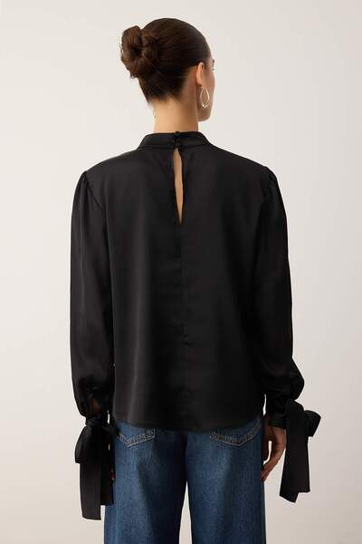 Trendyol Collection Black Satin Woven Blouse with Tie Detail Tofaw19Fg0082