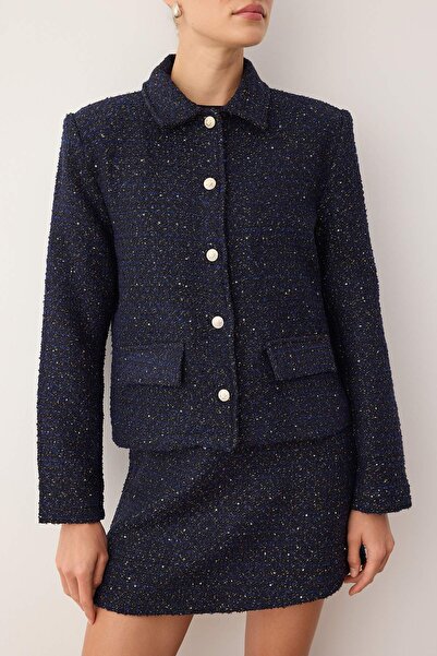 Trendyol Collection Navy Blue Glitter Tweed Button Stylish Jacket Twoaw26Ce00015
