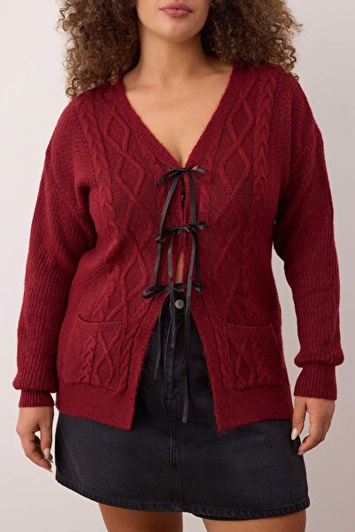 Trendyol Curve Burgundy Ribbon/Bow Detailed Knitwear Cardigan Tbbaw26Av00013