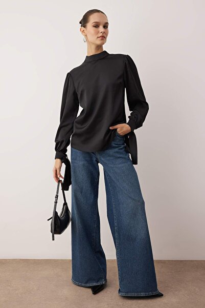 Trendyol Collection Black Satin Woven Blouse with Tie Detail Tofaw19Fg0082