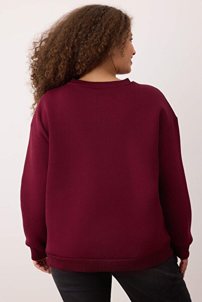 Trendyol Curve Bordó, vastag polár béléssel, túlméretezett/bő szabású, szlogennel hímzett, kötött, nagy méretű pulóver TBBAW26AO00008