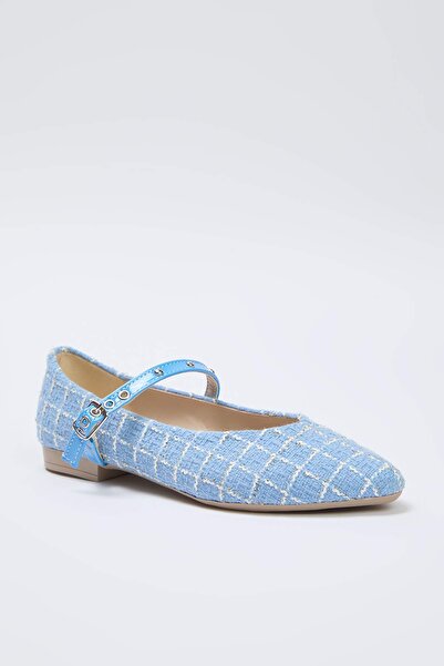 TRENDYOL SHOES Baby Blue Tweed Mary Jane Kukuřičné Oko Pásek Špičatá Špička Dámské Baleríny TAKAW26BE00004