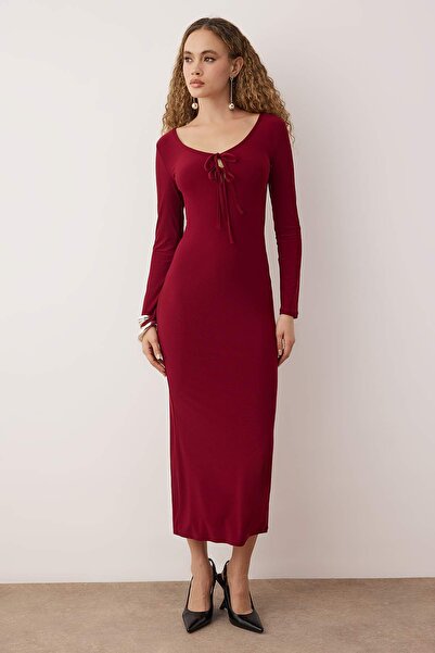 Trendyol Collection Burgundy Body Fitting Breast Tie Detail Knitted Long Stylish Evening Dress Tpraw25El00064