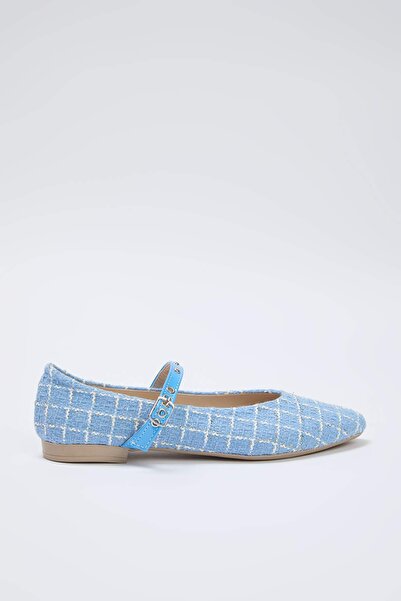 TRENDYOL SHOES Baby Blue Tweed Mary Jane Kukuřičné Oko Pásek Špičatá Špička Dámské Baleríny TAKAW26BE00004