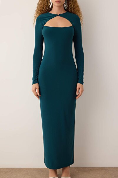 Trendyol Collection Emerald Green Cut Out/Window Detailed Knitted Chic Evening Dress Night Homecoming Dress Tpraw25El00022